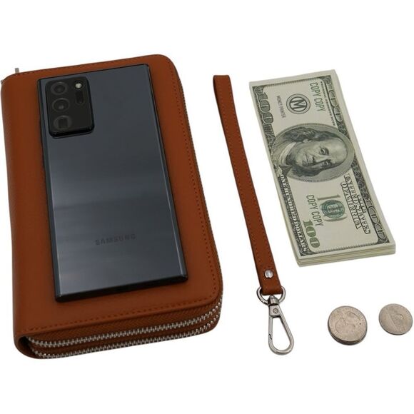 Brown Designer Inspired Lettering Double Zipper Wristlet Wallet - Picture 8 of 9